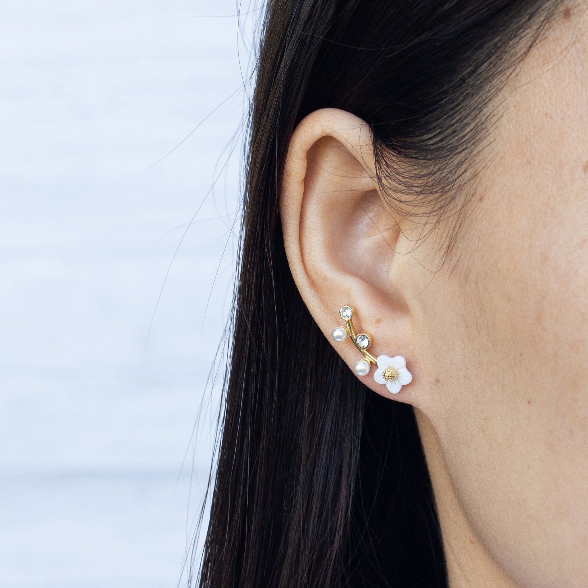 Gold Plated Daisy Climber Earrings Created with Zircondia® Crystals - Philip Jones Jewellery