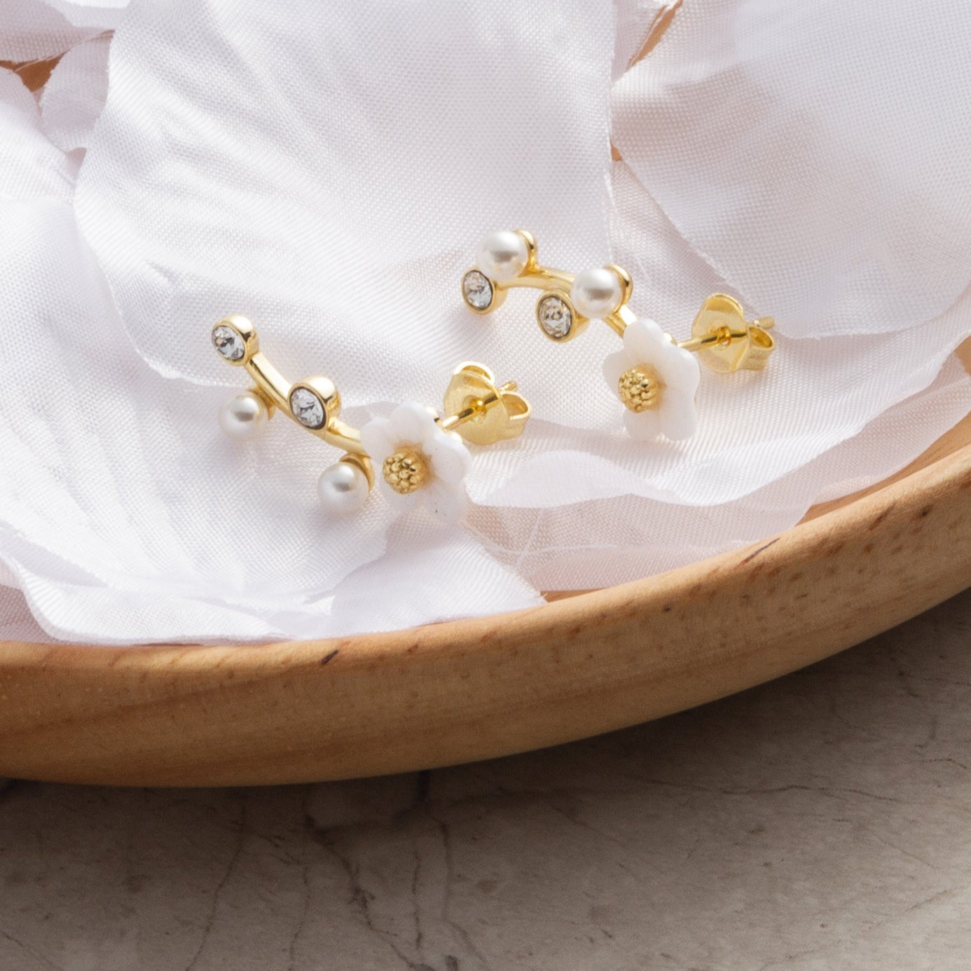 Gold Plated Daisy Climber Earrings Created with Zircondia® Crystals - Philip Jones Jewellery