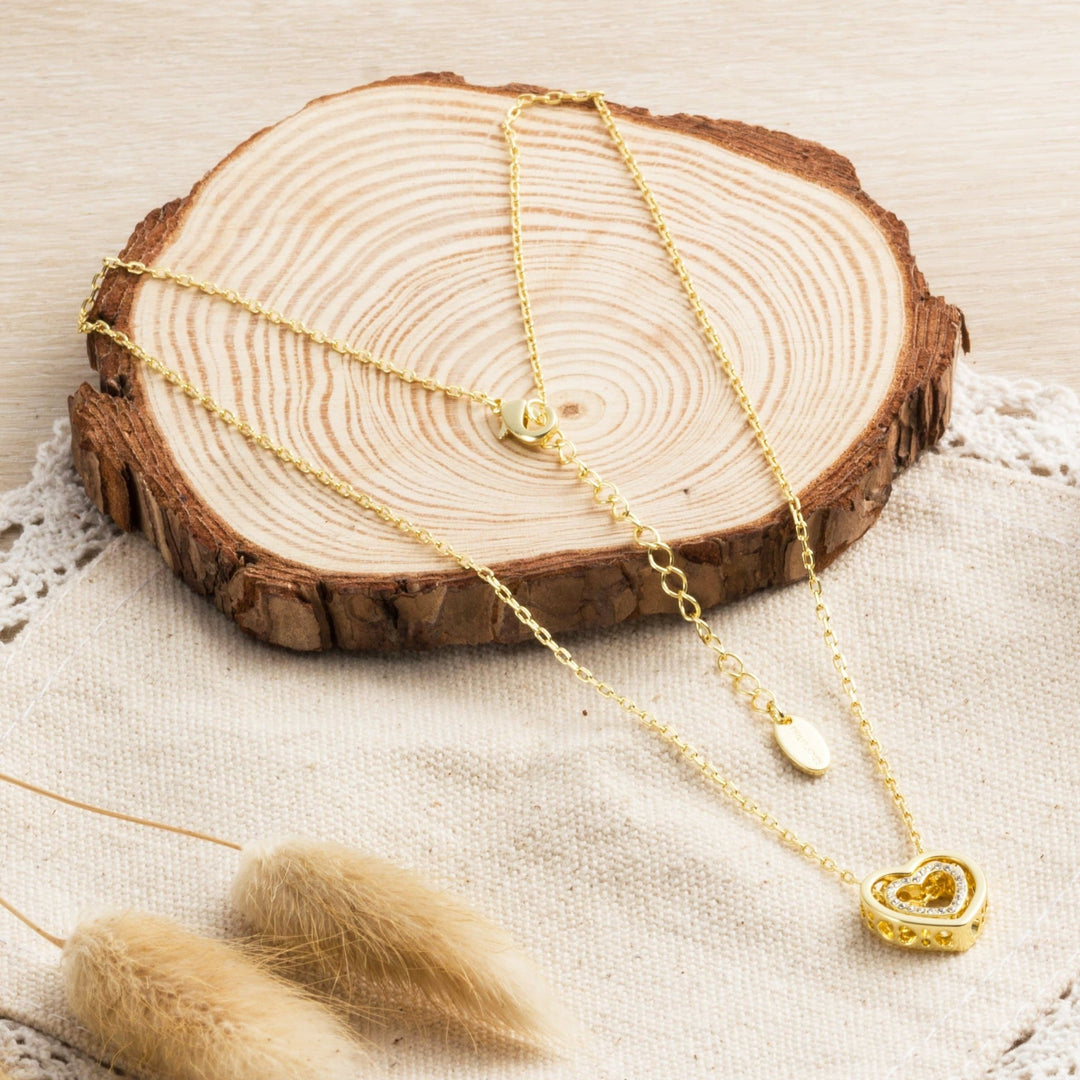 Gold Plated Double Heart Necklace Created with Zircondia® Crystals - Philip Jones Jewellery