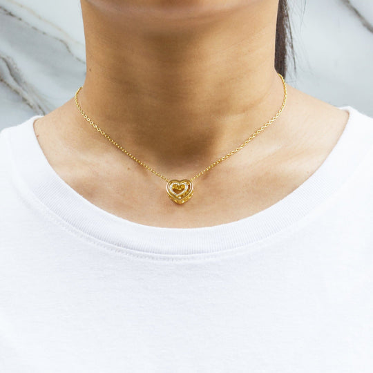 Gold Plated Double Heart Necklace Created with Zircondia® Crystals - Philip Jones Jewellery
