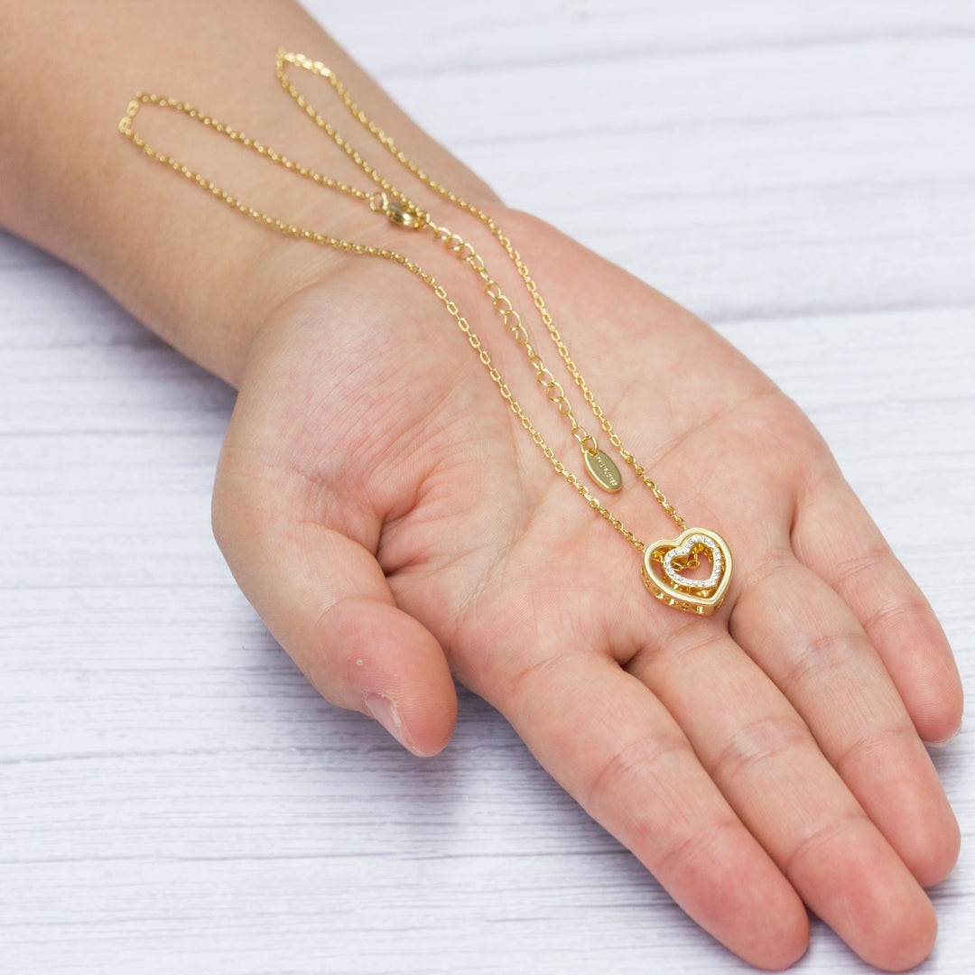 Gold Plated Double Heart Necklace Created with Zircondia® Crystals - Philip Jones Jewellery