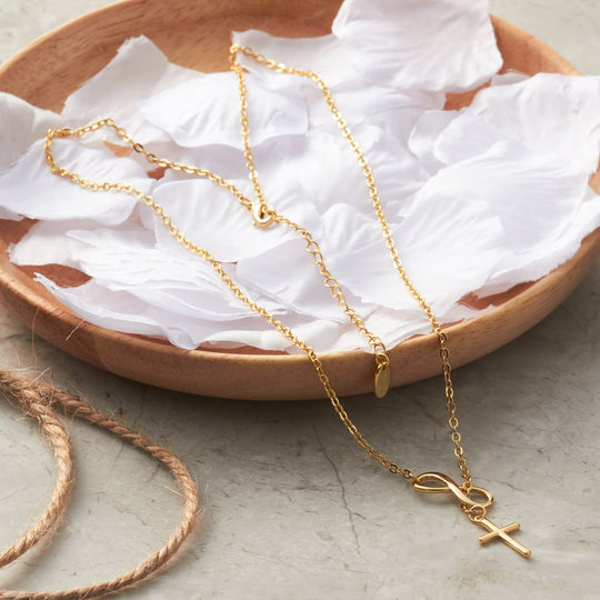 Gold Plated Infinity with Cross Lariat Necklace - Philip Jones Jewellery