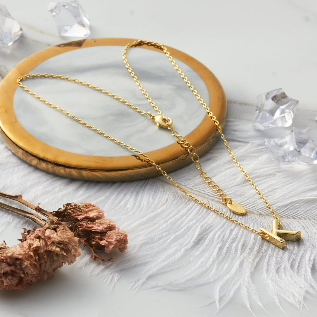 Gold Plated Initial Necklace Letter K Created with Zircondia® Crystals - Philip Jones Jewellery