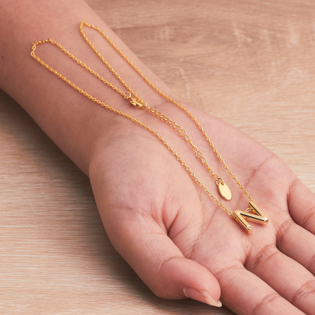 Gold Plated Initial Necklace Letter N Created with Zircondia® Crystals - Philip Jones Jewellery