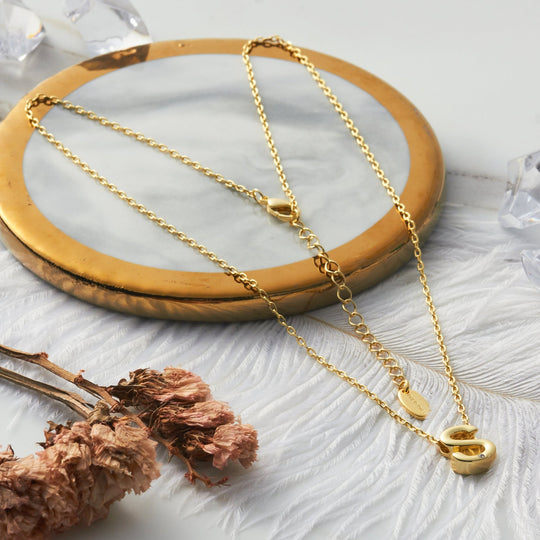 Gold Plated Initial Necklace Letter S Created with Zircondia® Crystals - Philip Jones Jewellery