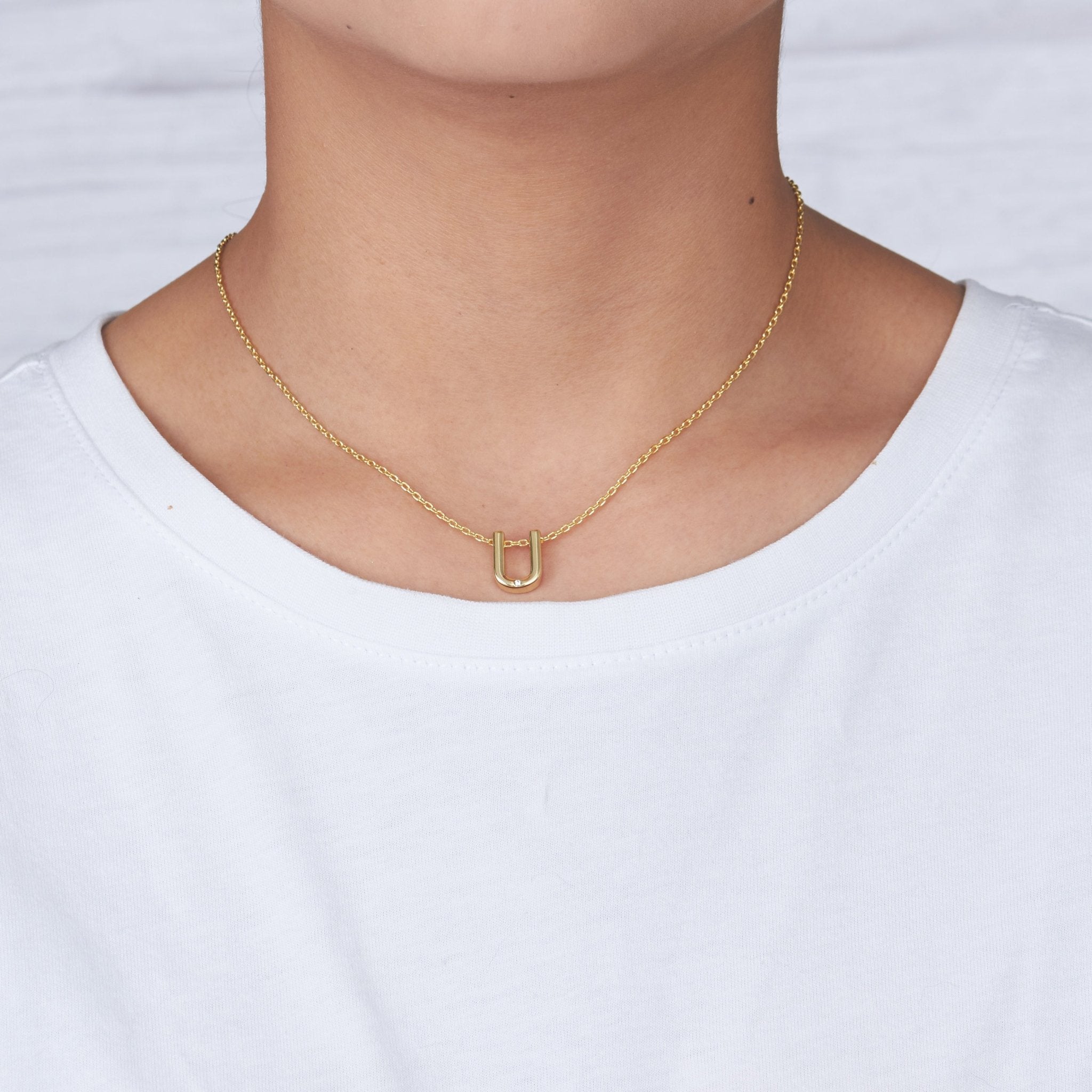 Gold Plated Initial Necklace Letter U Created with Zircondia® Crystals - Philip Jones Jewellery