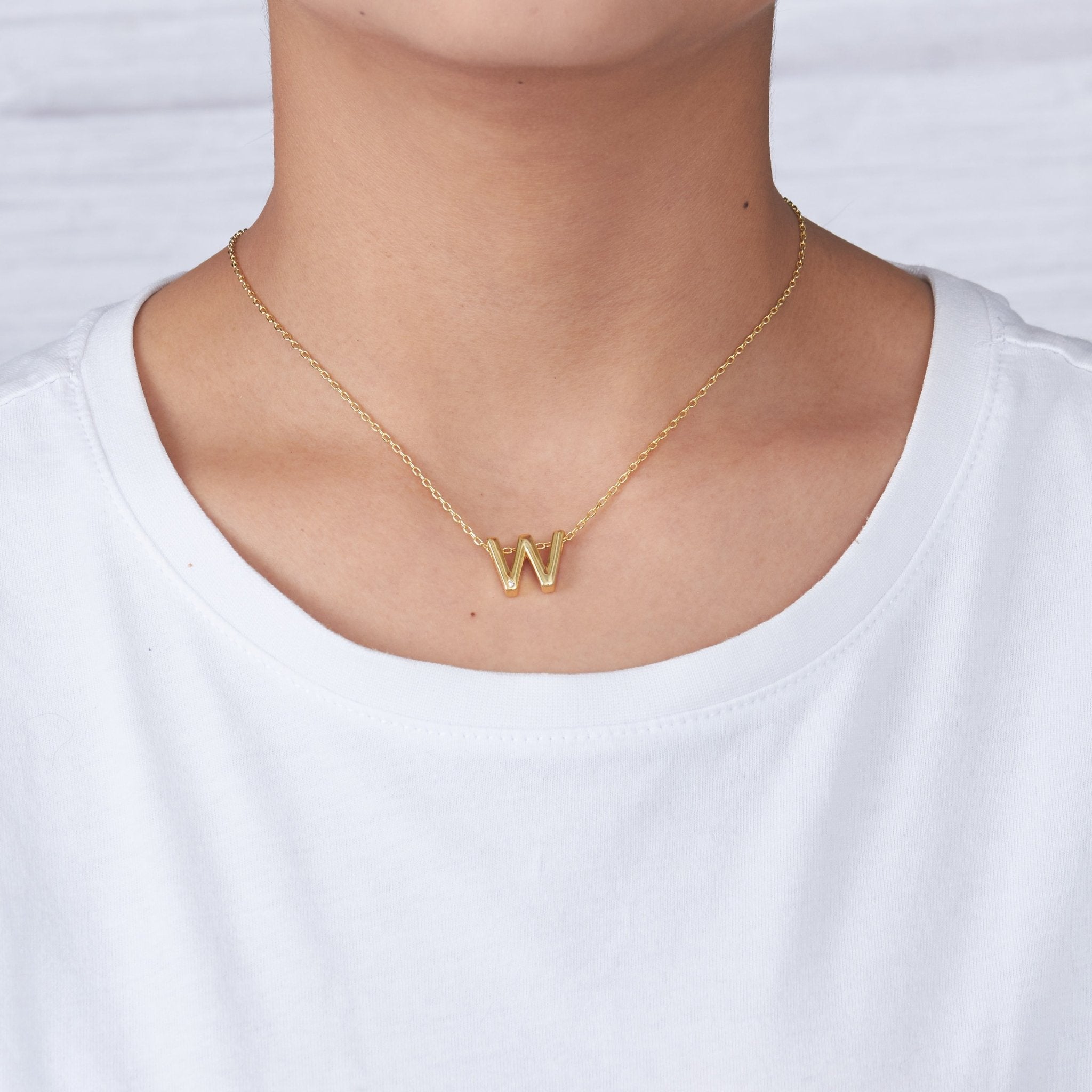 Gold Plated Initial Necklace Letter W Created with Zircondia® Crystals - Philip Jones Jewellery