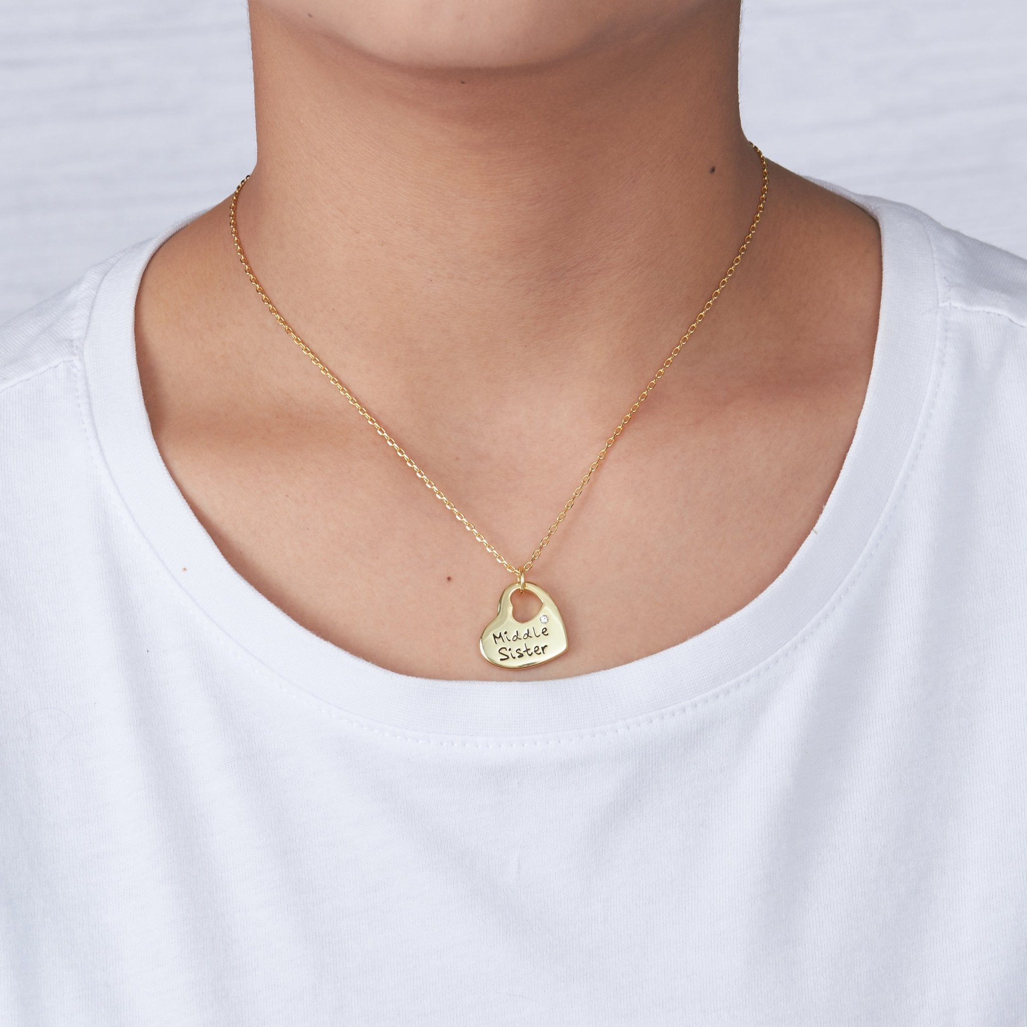 Gold Plated Middle Sister Heart Necklace Created with Zircondia® Crystals - Philip Jones Jewellery