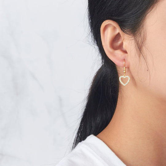 Gold Plated Open Heart Drop Earrings Created with Zircondia® Crystals - Philip Jones Jewellery