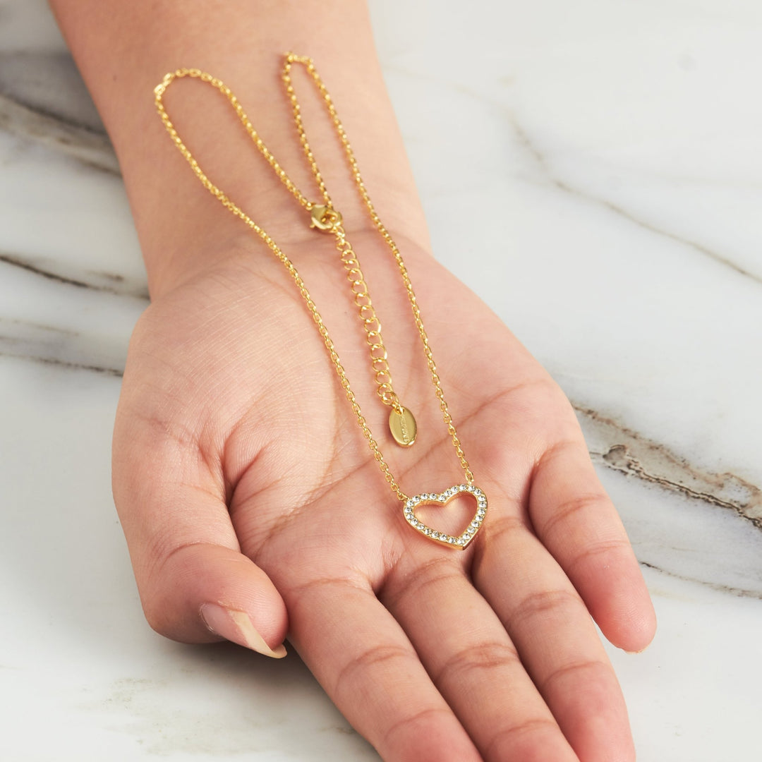 Gold Plated Open Heart Necklace Created with Zircondia® Crystals - Philip Jones Jewellery