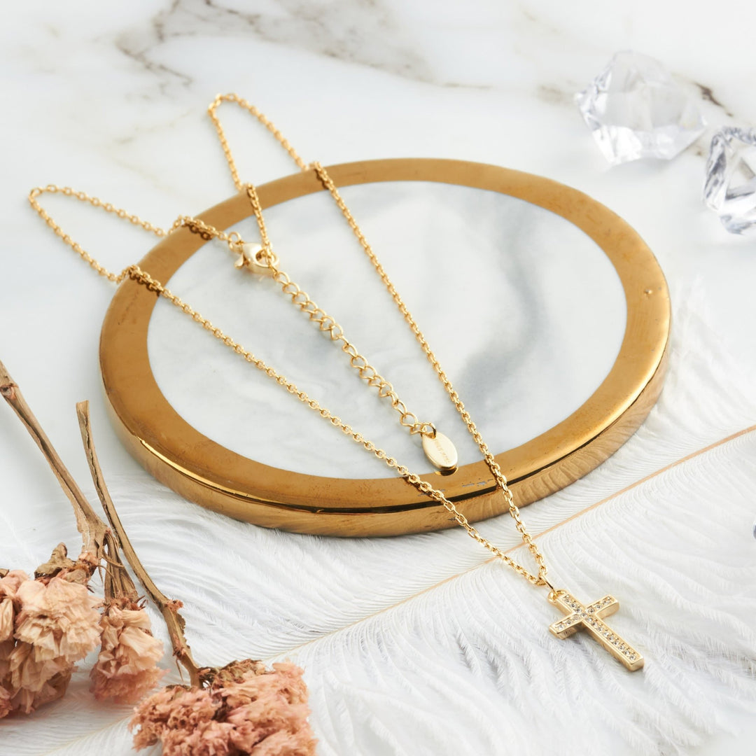 Gold Plated Pave Crystal Cross Necklace Created with Zircondia® Crystals - Philip Jones Jewellery