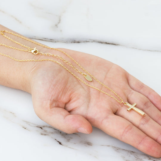 Gold Plated Pave Crystal Cross Necklace Created with Zircondia® Crystals - Philip Jones Jewellery