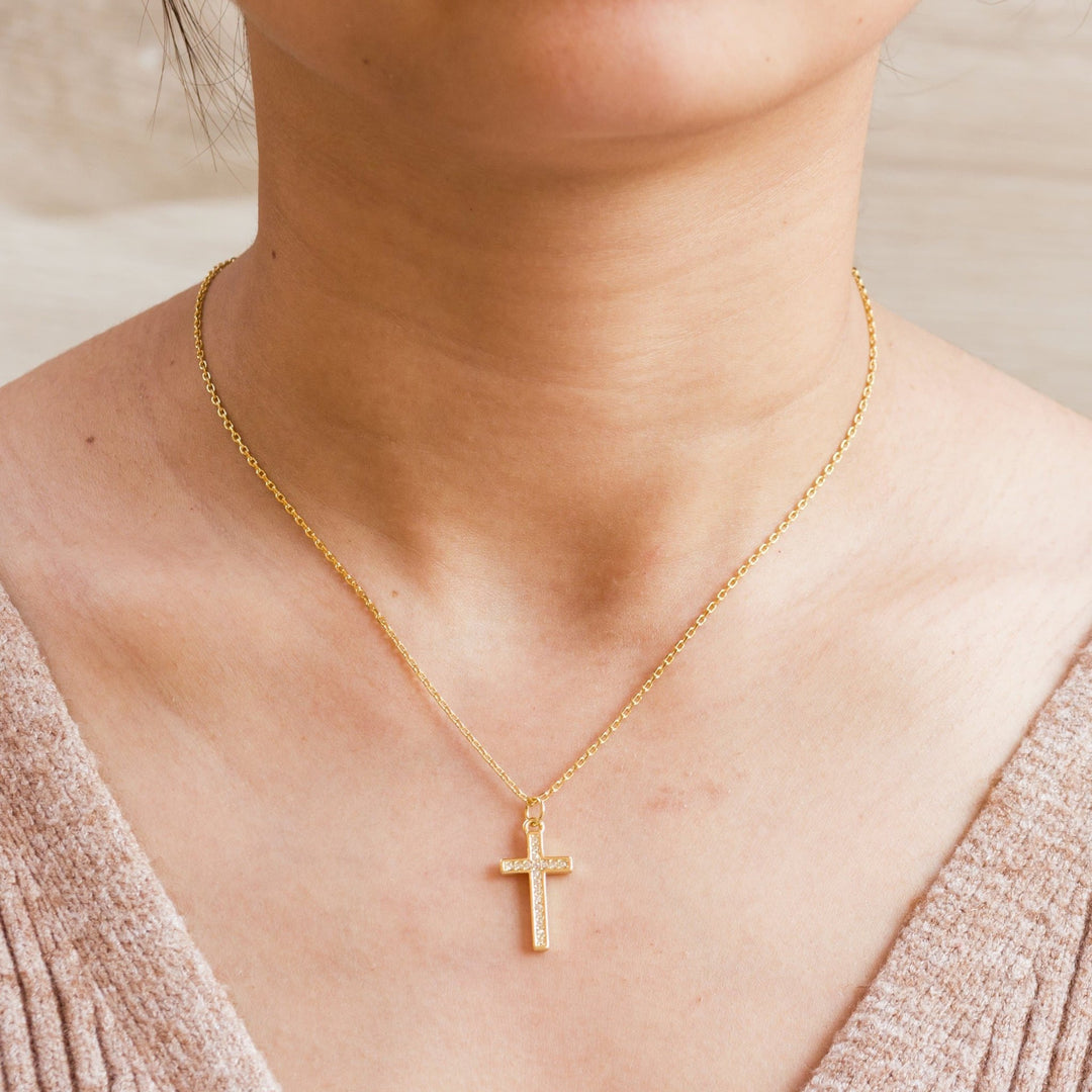 Gold Plated Pave Crystal Cross Necklace Created with Zircondia® Crystals - Philip Jones Jewellery