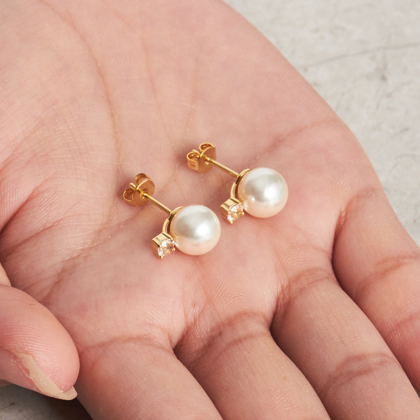 Gold Plated Round Shell Pearl Earrings Created with Zircondia® Crystals - Philip Jones Jewellery