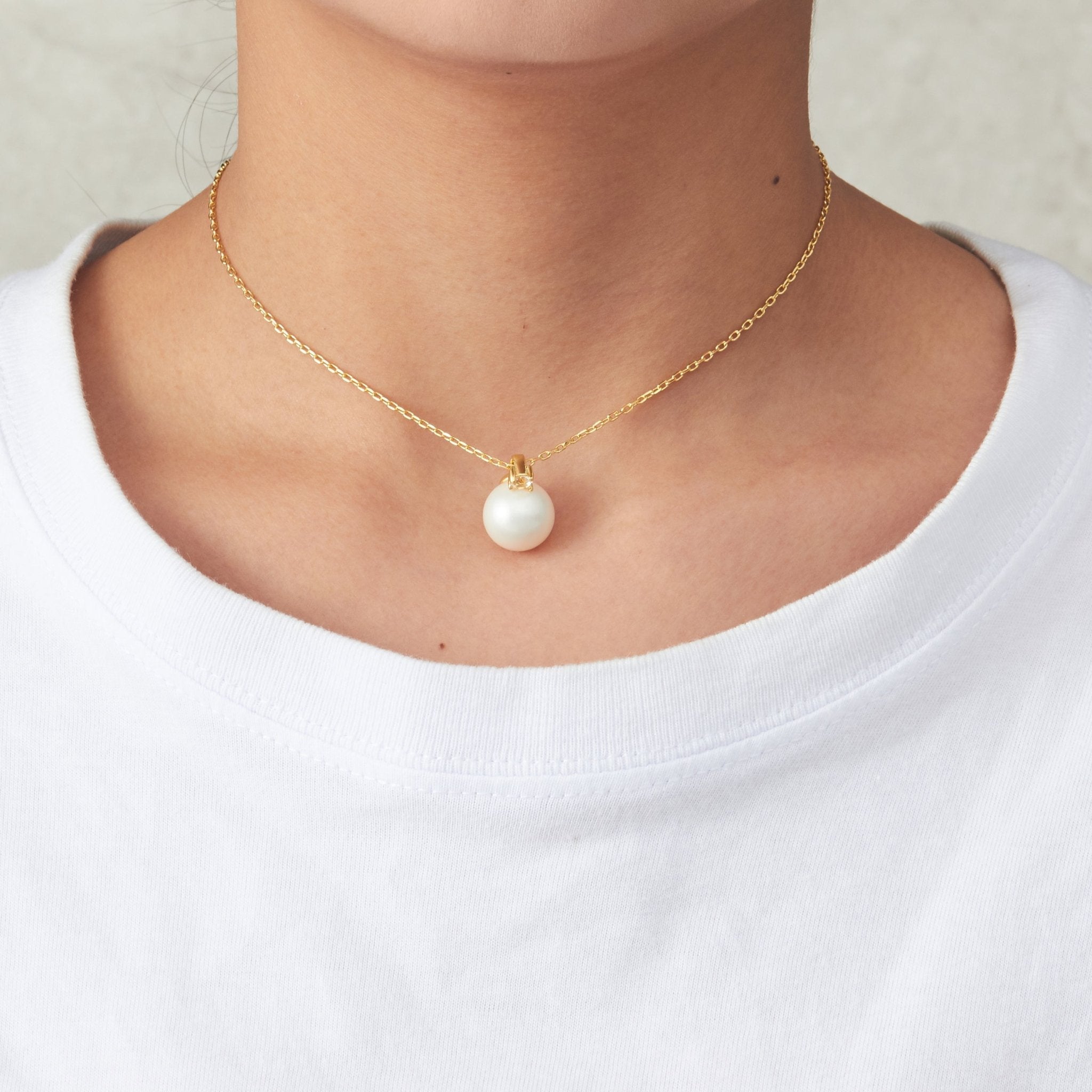 Gold Plated Round Shell Pearl Necklace Created with Zircondia® Crystals - Philip Jones Jewellery