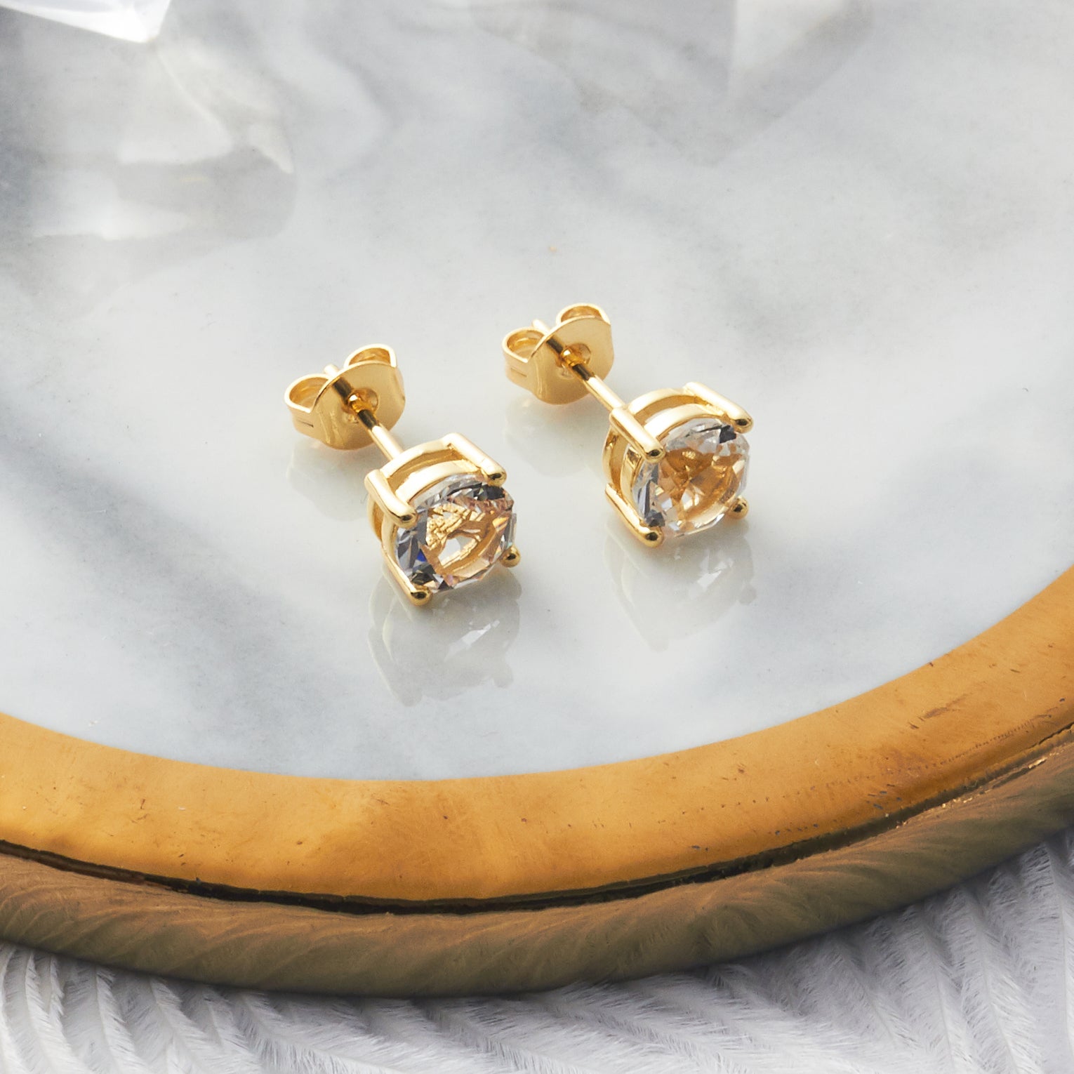 Gold Plated Solitaire Crystal Stud Earrings Created with Zircondia® Crystals - Philip Jones Jewellery