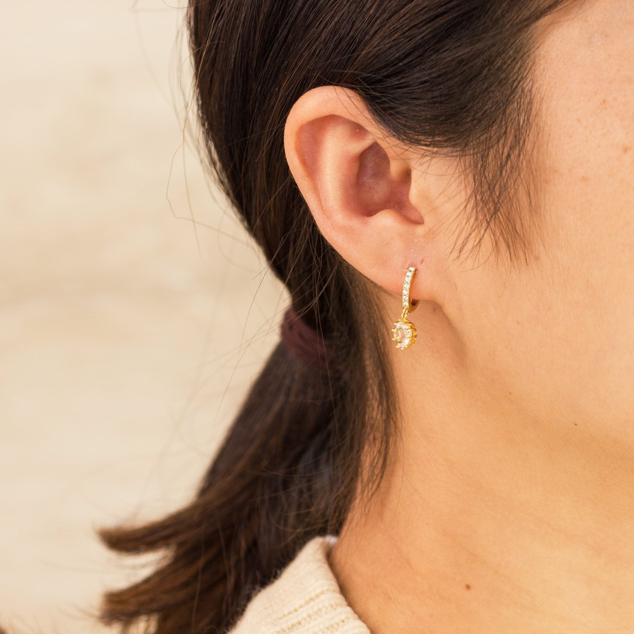 Gold Plated Solitaire Drop Hoop Earrings Created with Zircondia® Crystals - Philip Jones Jewellery