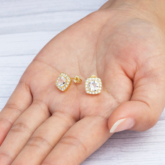 Gold Plated Square Halo Earrings Created with Zircondia® Crystals - Philip Jones Jewellery
