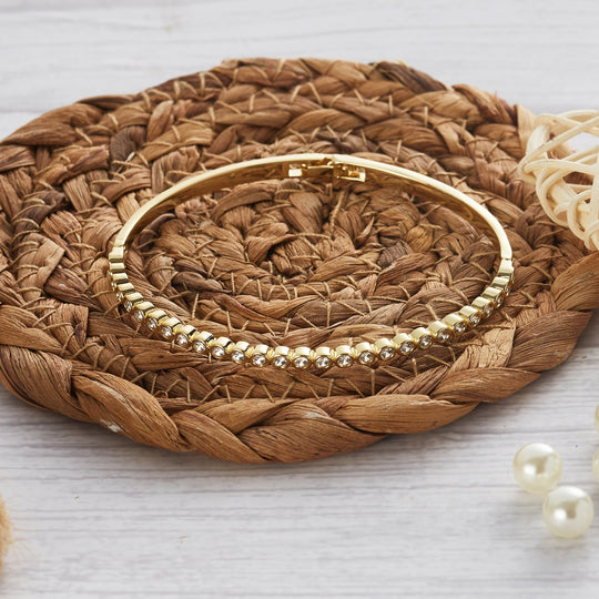 Gold Plated Tennis Bangle Created with Zircondia® Crystals (7 Inch) - Philip Jones Jewellery