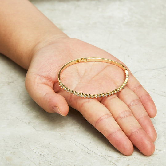 Gold Plated Tennis Bangle Created with Zircondia® Crystals (7 Inch) - Philip Jones Jewellery