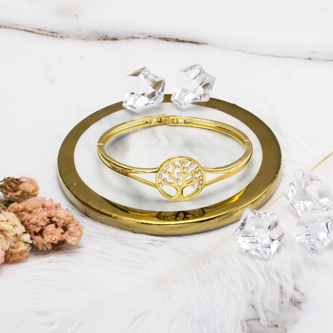 Gold Plated Tree of Life Bangle Created with Zircondia® Crystals (7 Inch) - Philip Jones Jewellery