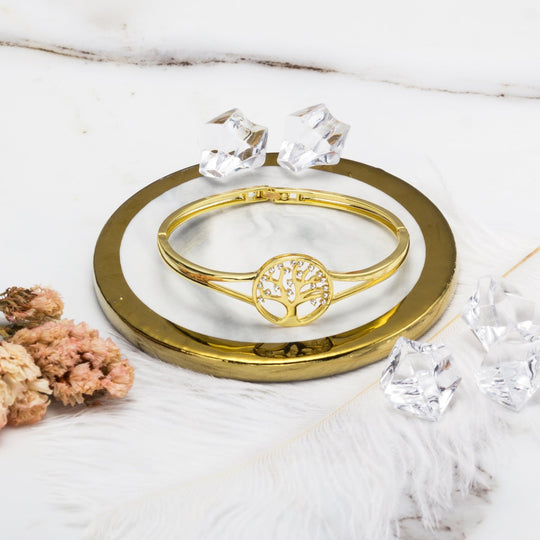 Gold Plated Tree of Life Bangle Created with Zircondia® Crystals (7 Inch) - Philip Jones Jewellery