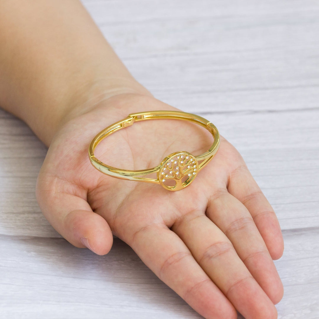 Gold Plated Tree of Life Bangle Created with Zircondia® Crystals (7 Inch) - Philip Jones Jewellery