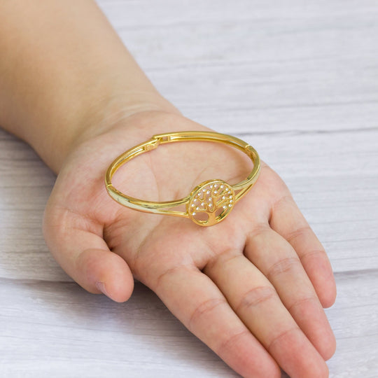 Gold Plated Tree of Life Bangle Created with Zircondia® Crystals (7 Inch) - Philip Jones Jewellery