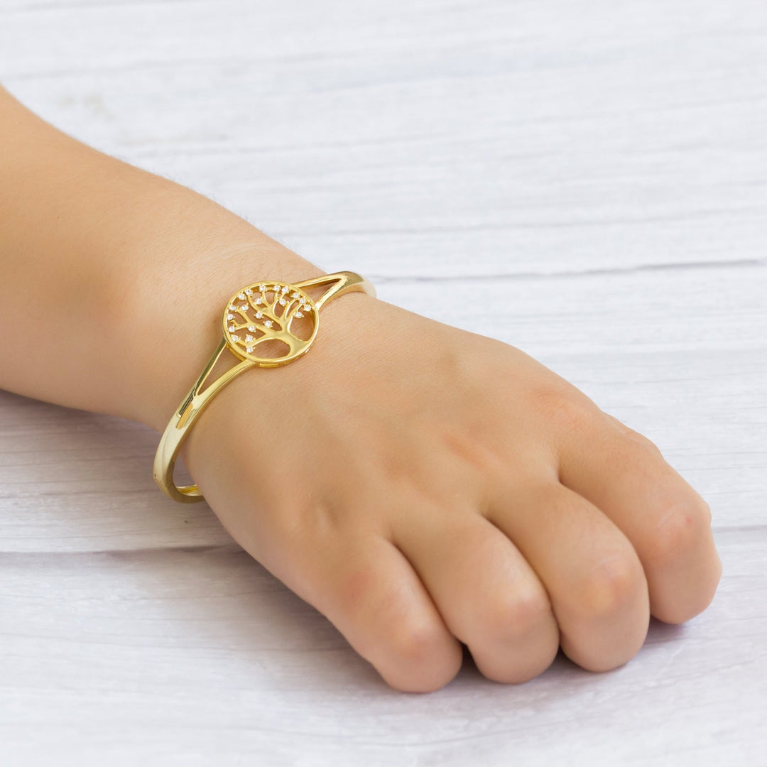 Gold Plated Tree of Life Bangle Created with Zircondia® Crystals (7 Inch) - Philip Jones Jewellery