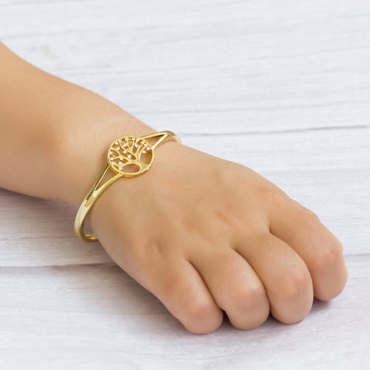 Gold Plated Tree of Life Bangle Created with Zircondia® Crystals (7 Inch) - Philip Jones Jewellery