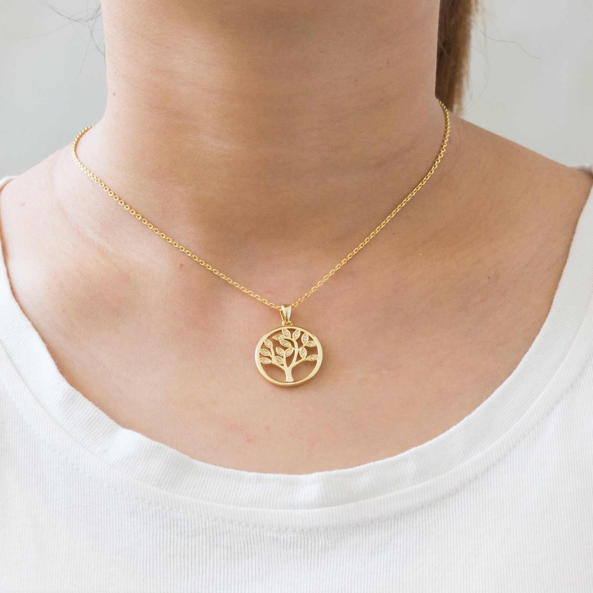 Gold Plated Tree of Life Necklace Created with Zircondia® Crystals - Philip Jones Jewellery