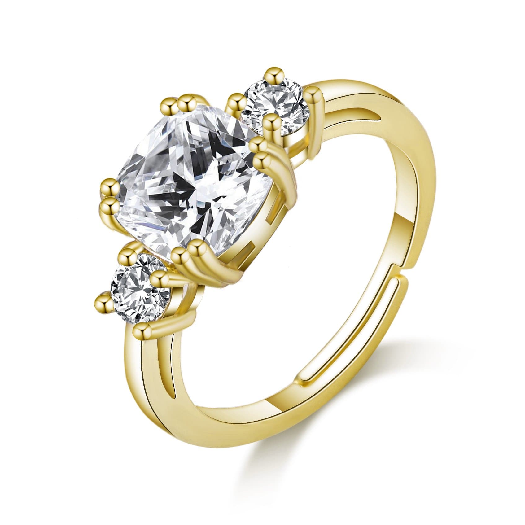 Gold Plated Adjustable Three Stone Ring Created with Zircondia® Crystals by Philip Jones Jewellery