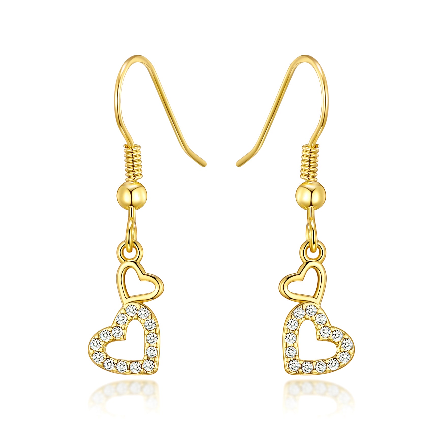 Gold Plated Double Heart Drop Earrings Created with Zircondia® Crystals by Philip Jones Jewellery