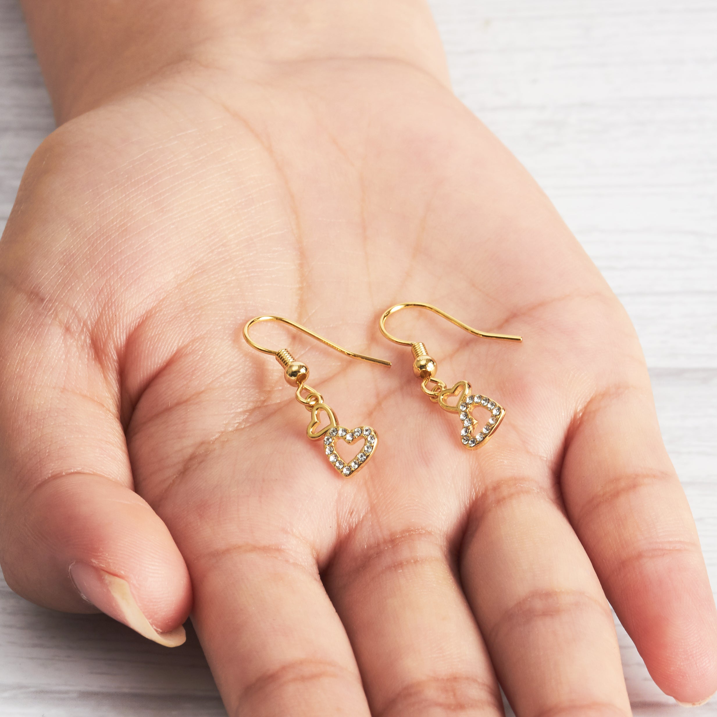Gold Plated Double Heart Drop Earrings Created with Zircondia® Crystals