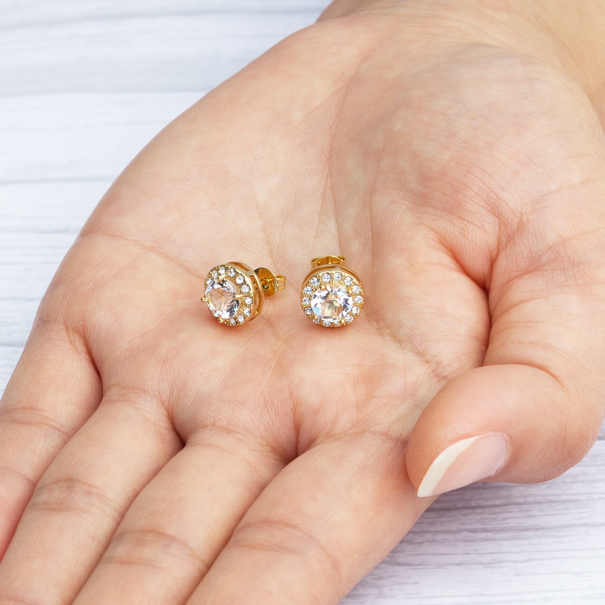 Gold Plated Halo Earrings Created with Zircondia® Crystals