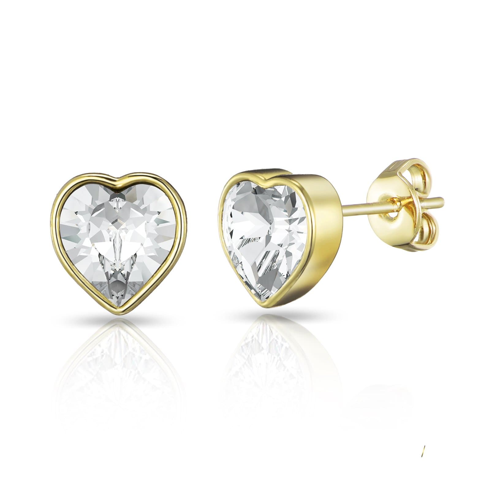 Gold Plated Bezel set Heart Earrings Created with Zircondia® Crystals by Philip Jones Jewellery
