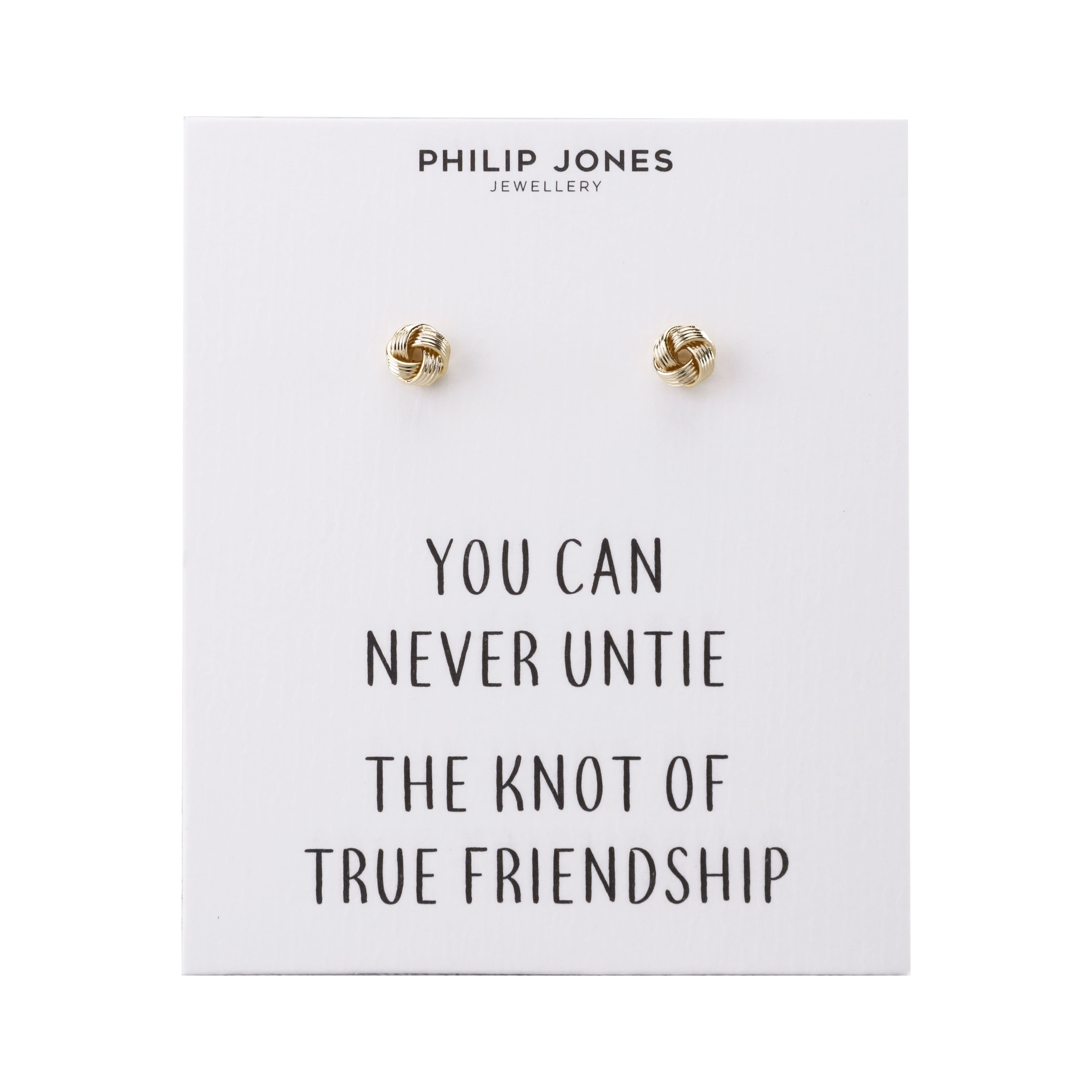 Gold Plated Love Knot Earrings with Quote Card by Philip Jones Jewellery