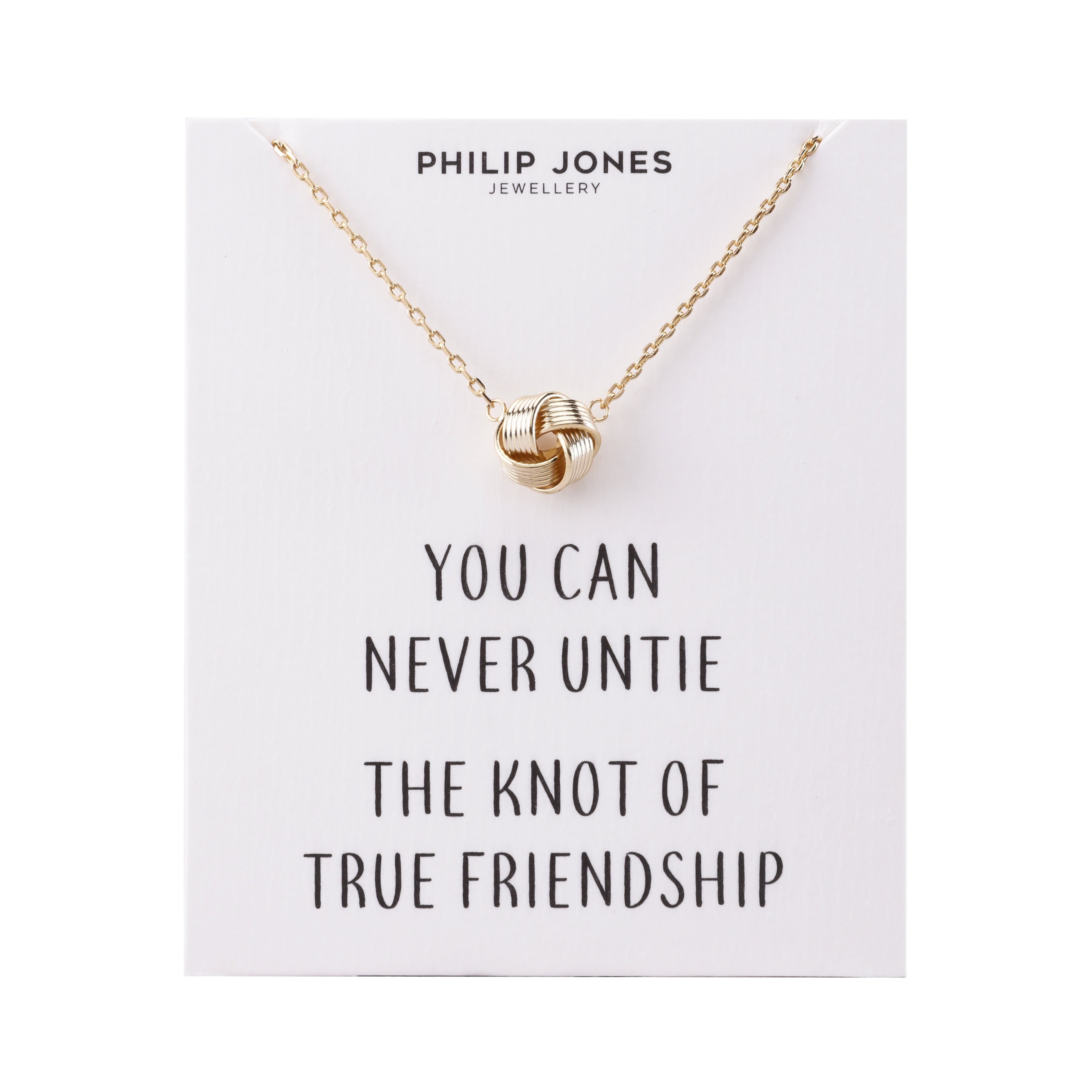Gold Plated Love Knot Necklace with Quote Card by Philip Jones Jewellery