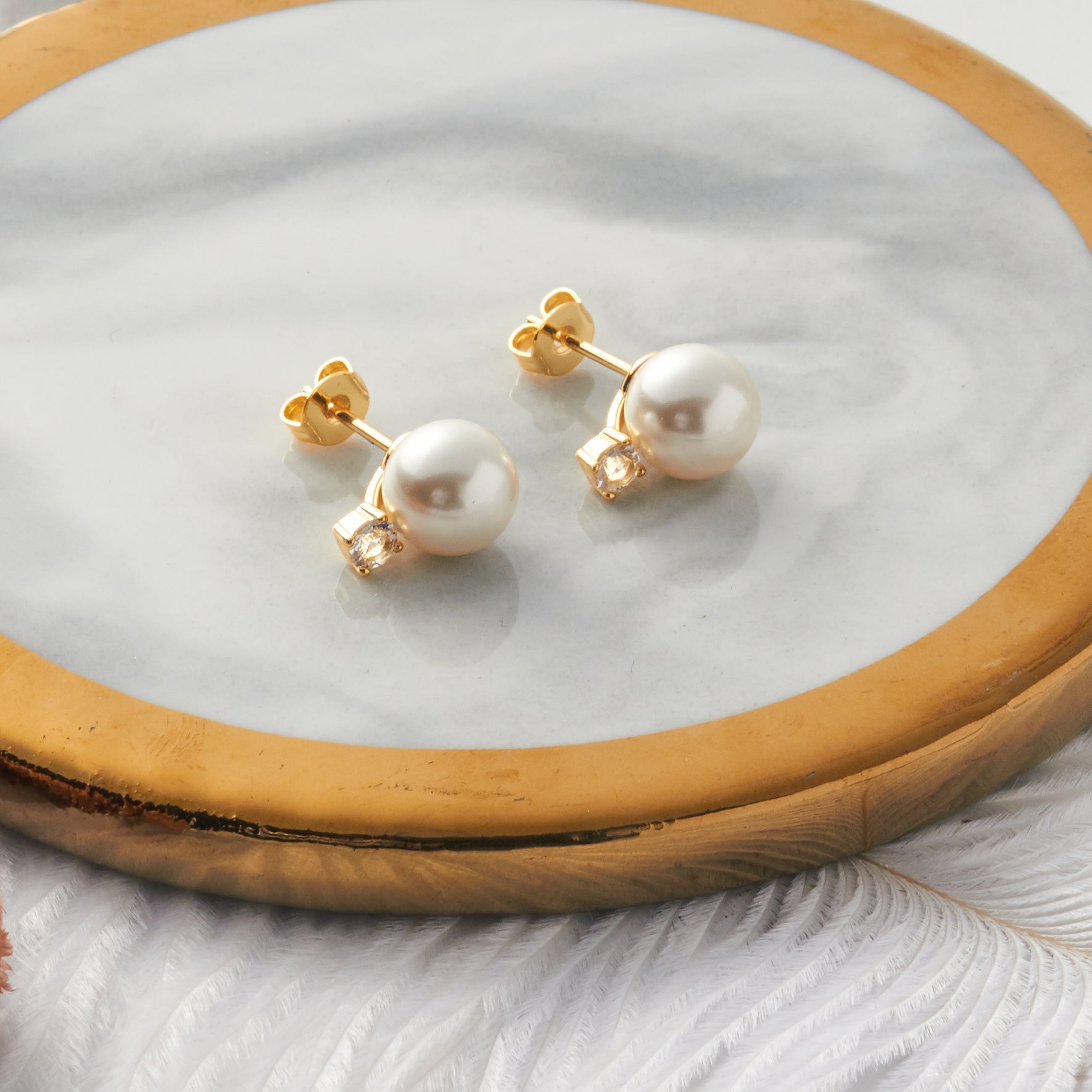Gold Plated Round Shell Pearl Earrings Created with Zircondia® Crystals