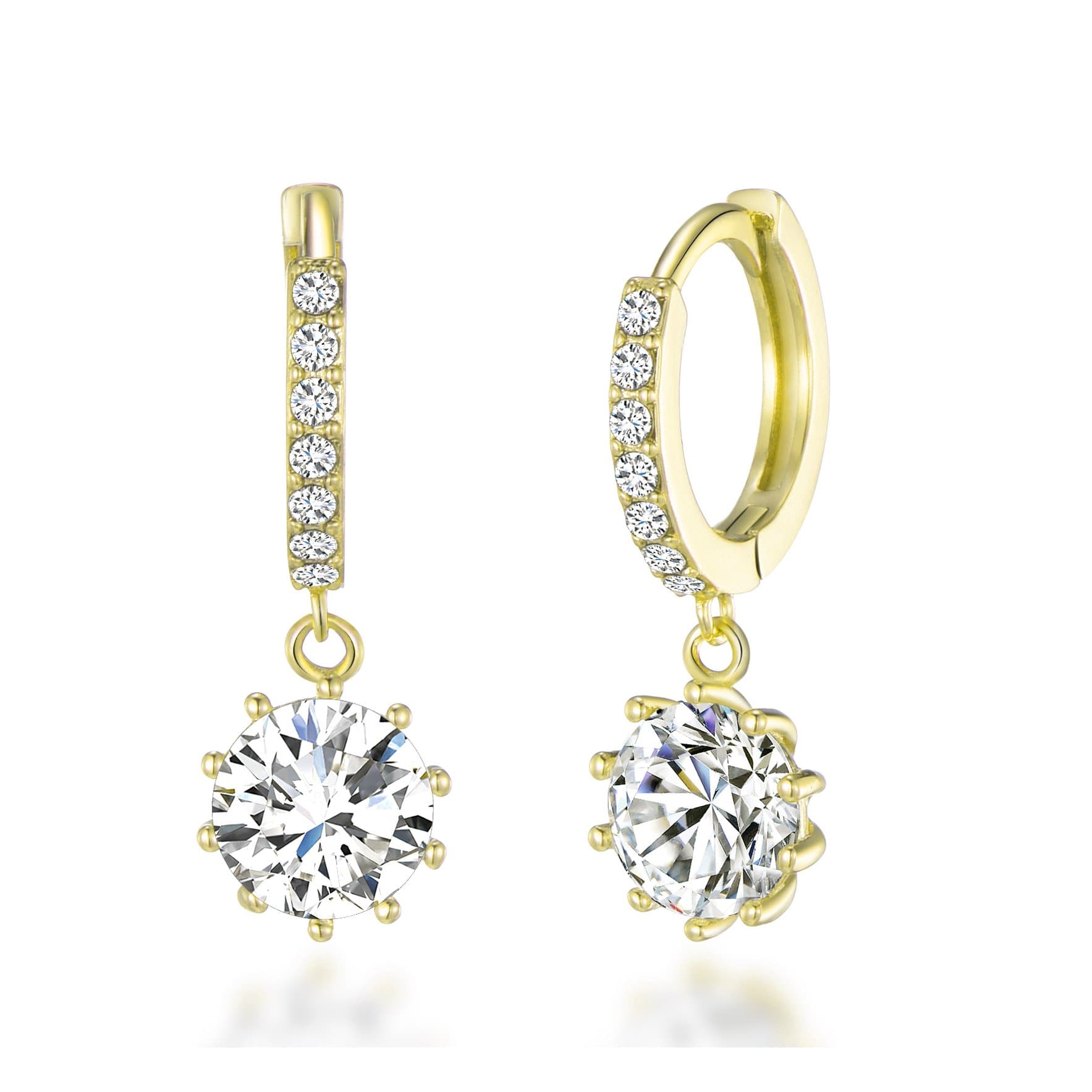 Gold Plated Solitaire Drop Hoop Earrings Created with Zircondia® Crystals by Philip Jones Jewellery