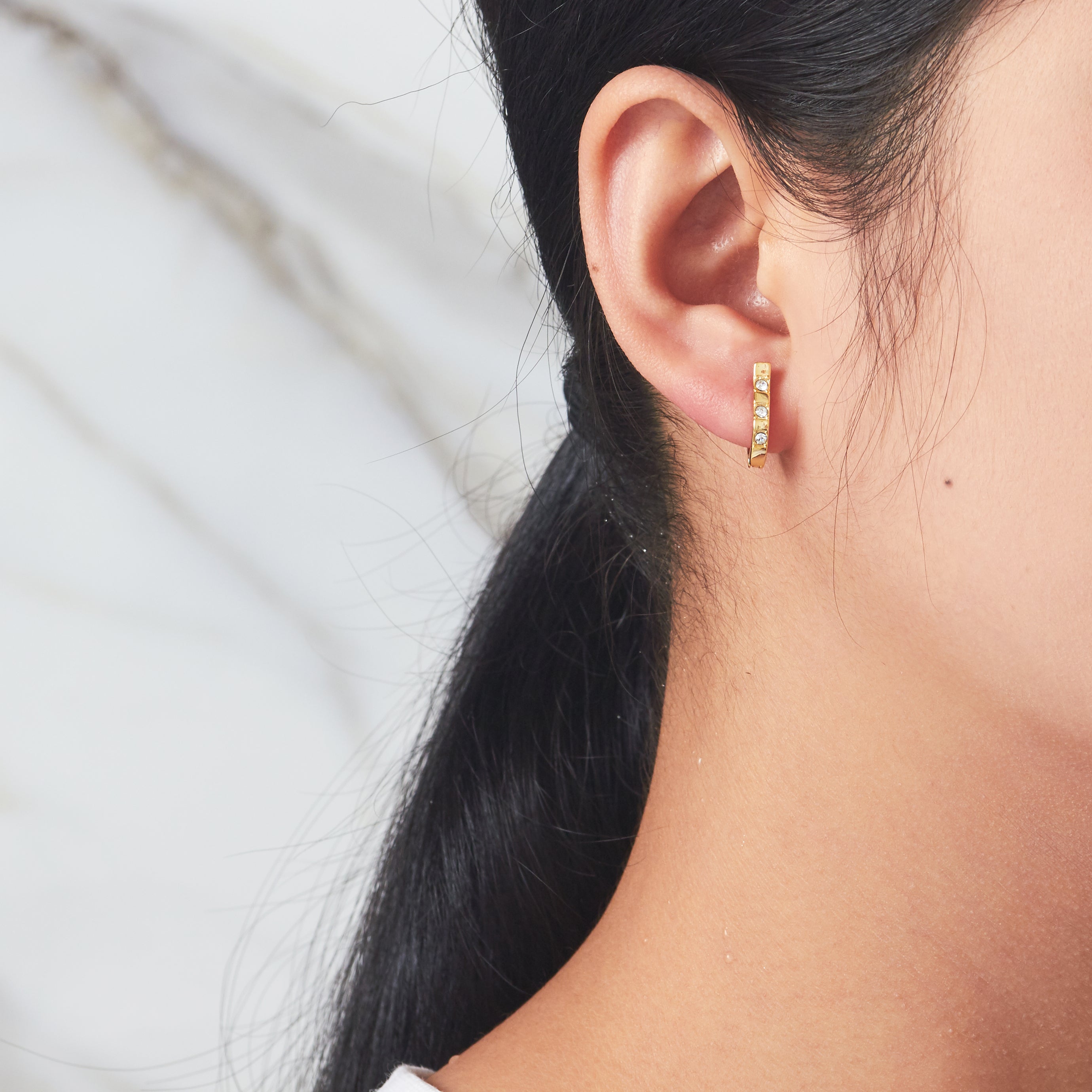 Gold Plated Three Stone Hoop Earrings Created with Zircondia® Crystals