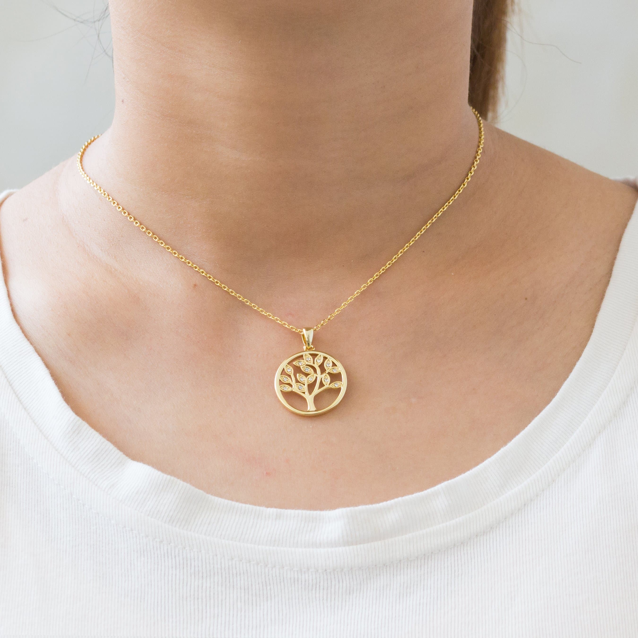 Gold Plated Tree of Life Necklace Created with Zircondia® Crystals