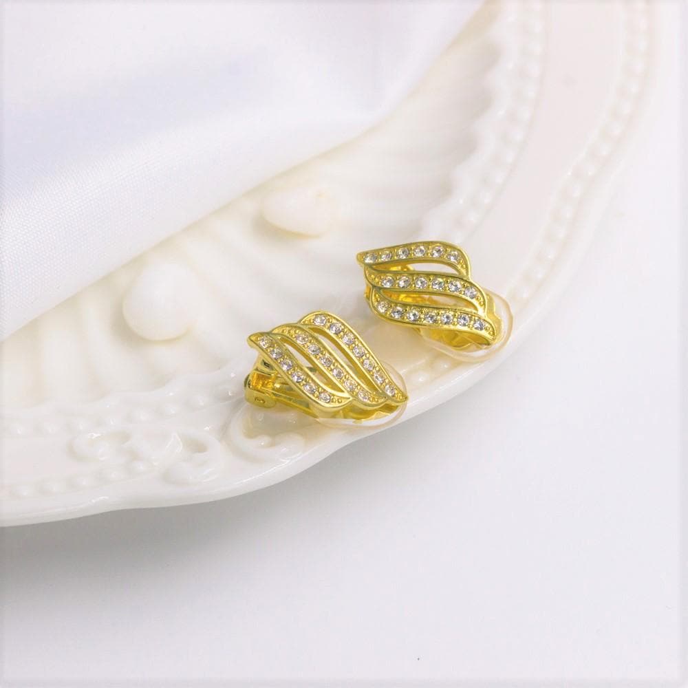 Gold Plated Triple Row Clip On Earrings Created with Zircondia® Crystals
