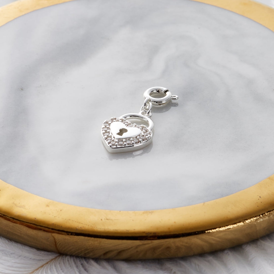 Heart Lock Charm Created with Zircondia® Crystals - Philip Jones Jewellery