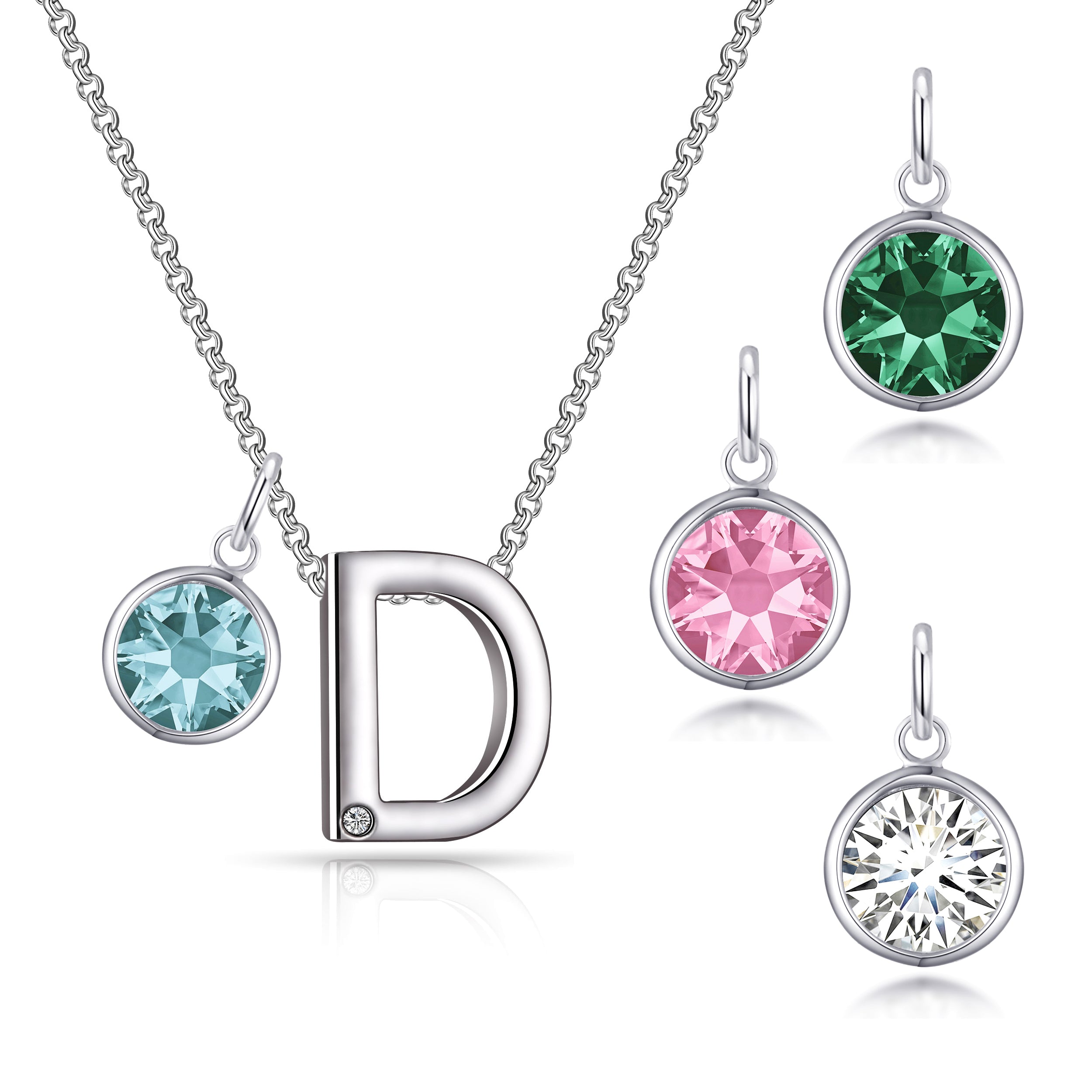 Birthstone Initial Necklace Letter D Created with Zircondia® Crystals by Philip Jones Jewellery