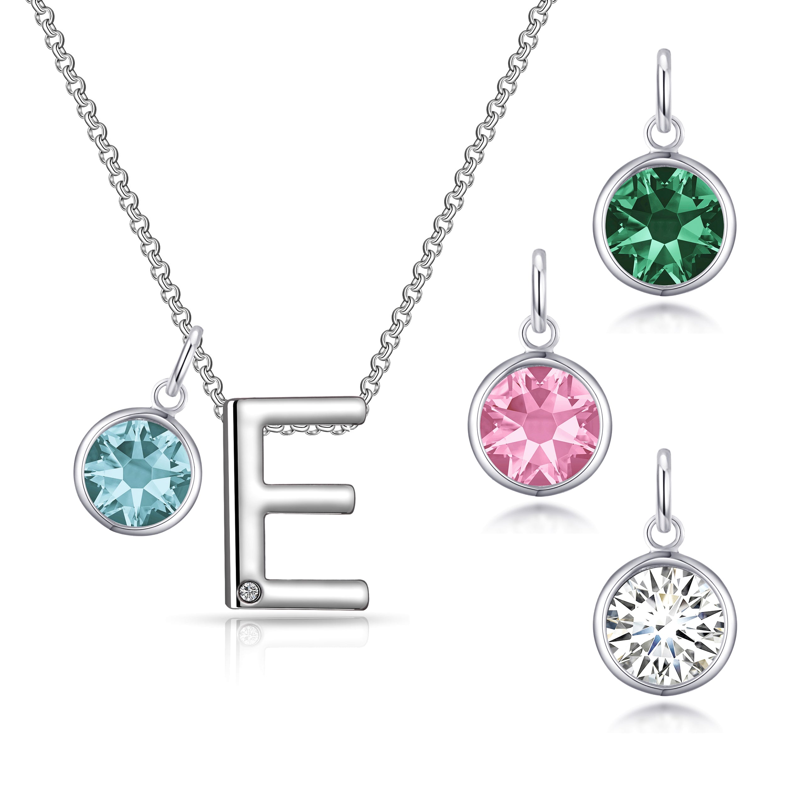 Birthstone Initial Necklace Letter E Created with Zircondia® Crystals by Philip Jones Jewellery