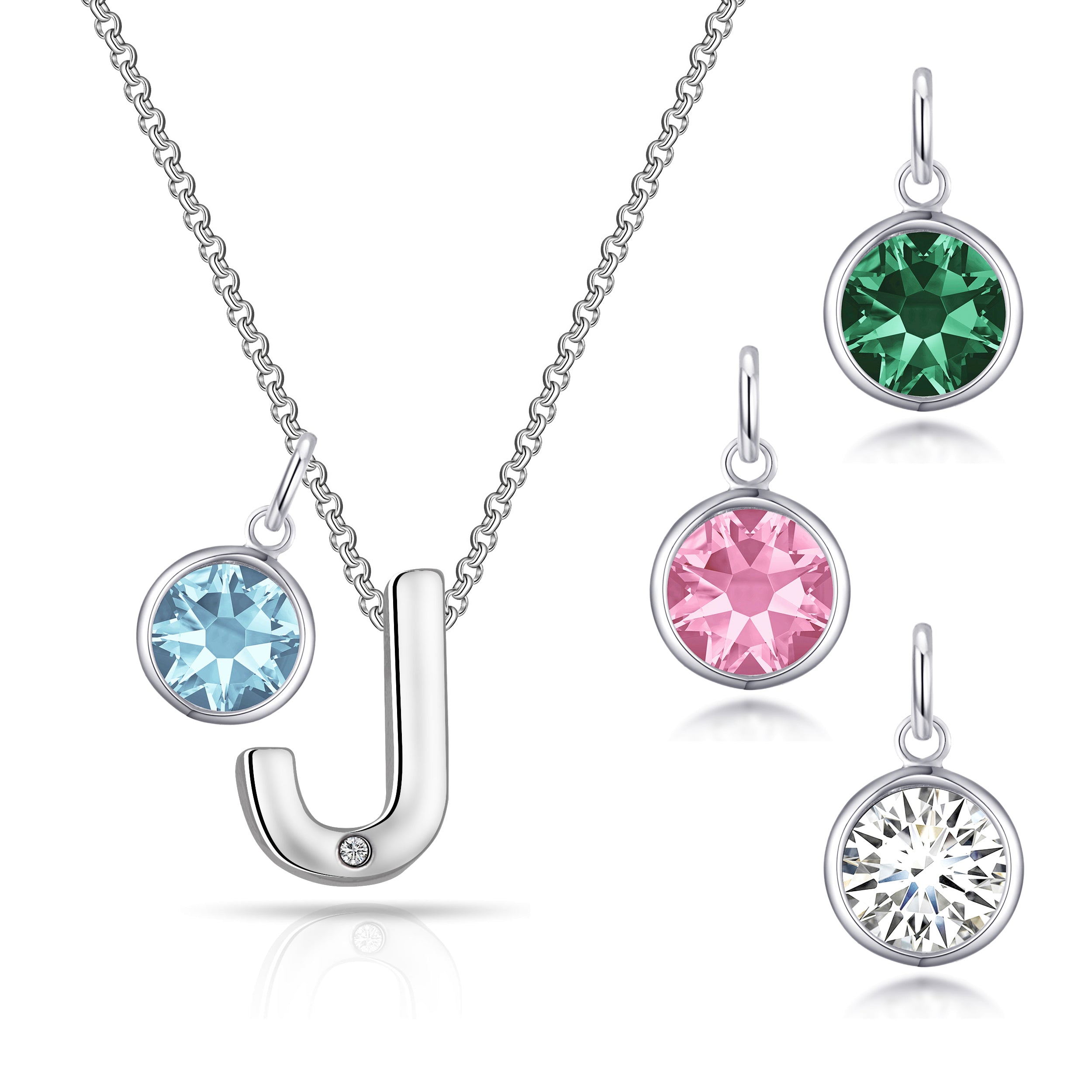 Birthstone Initial Necklace Letter J Created with Zircondia® Crystals by Philip Jones Jewellery