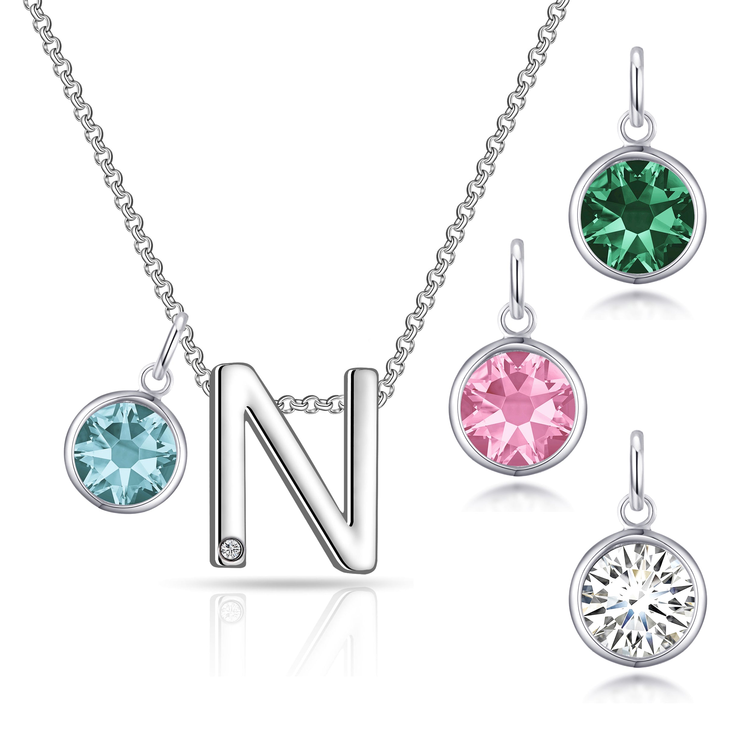 Birthstone Initial Necklace Letter N Created with Zircondia® Crystals by Philip Jones Jewellery