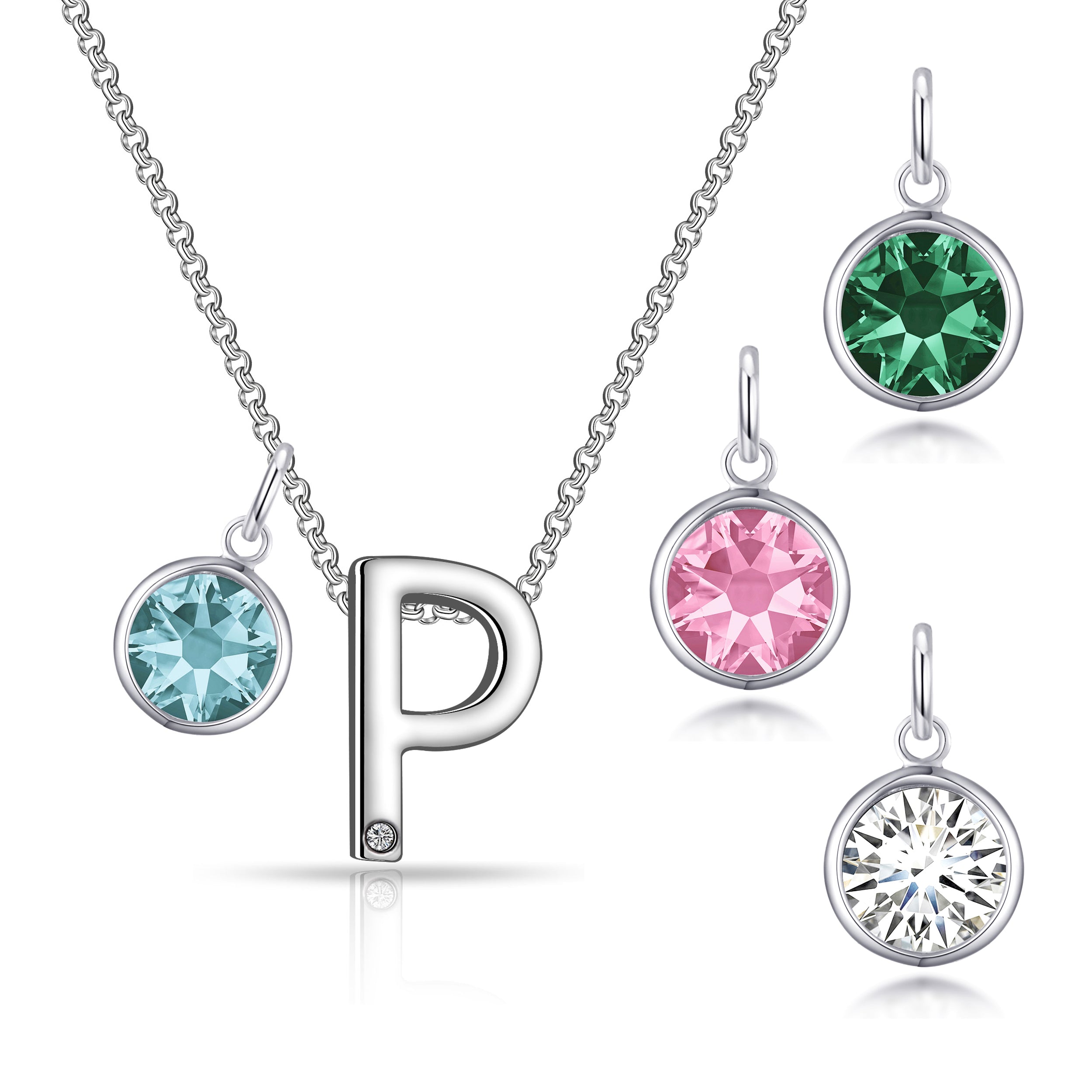 Birthstone Initial Necklace Letter P Created with Zircondia® Crystals by Philip Jones Jewellery