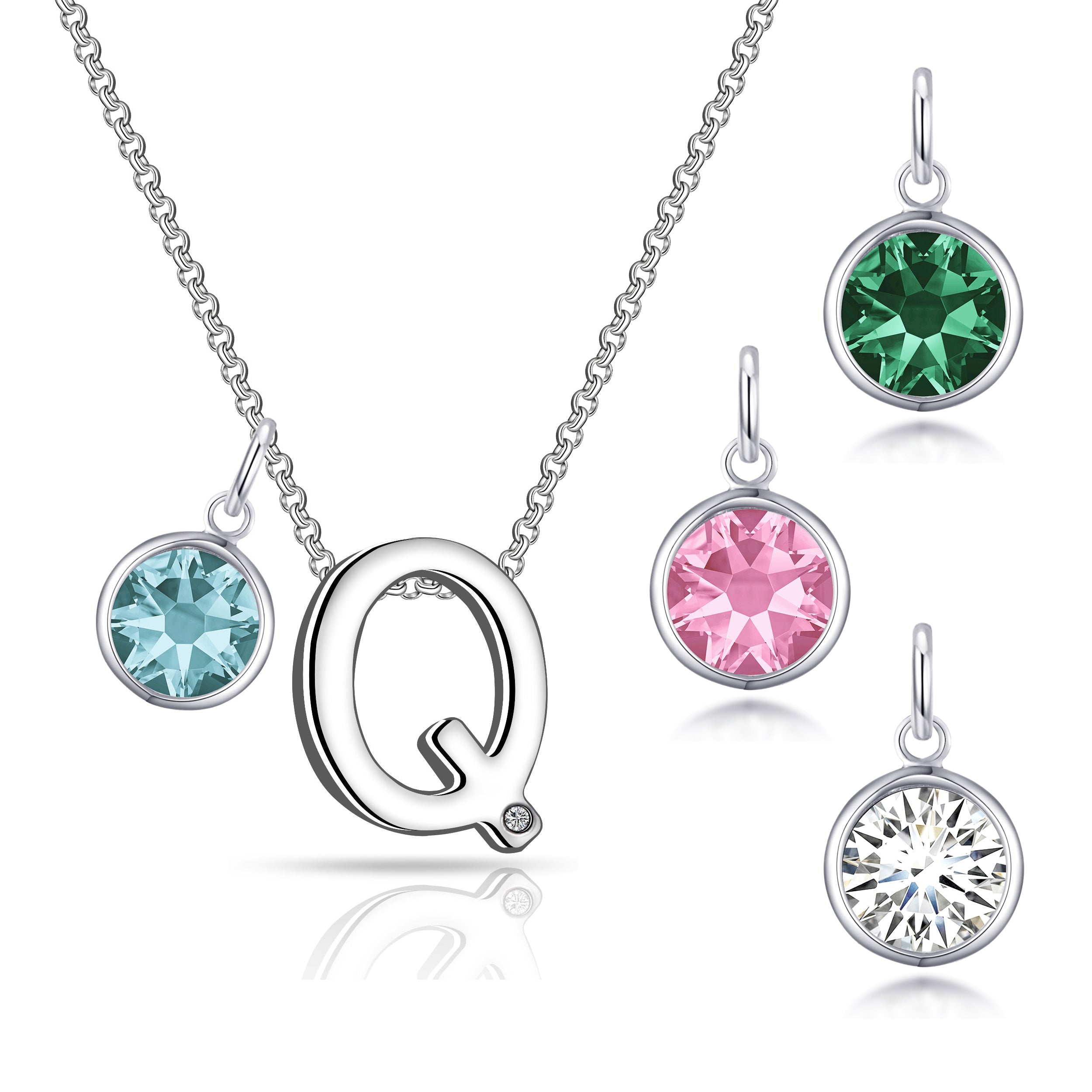 Birthstone Initial Necklace Letter Q Created with Zircondia® Crystals by Philip Jones Jewellery